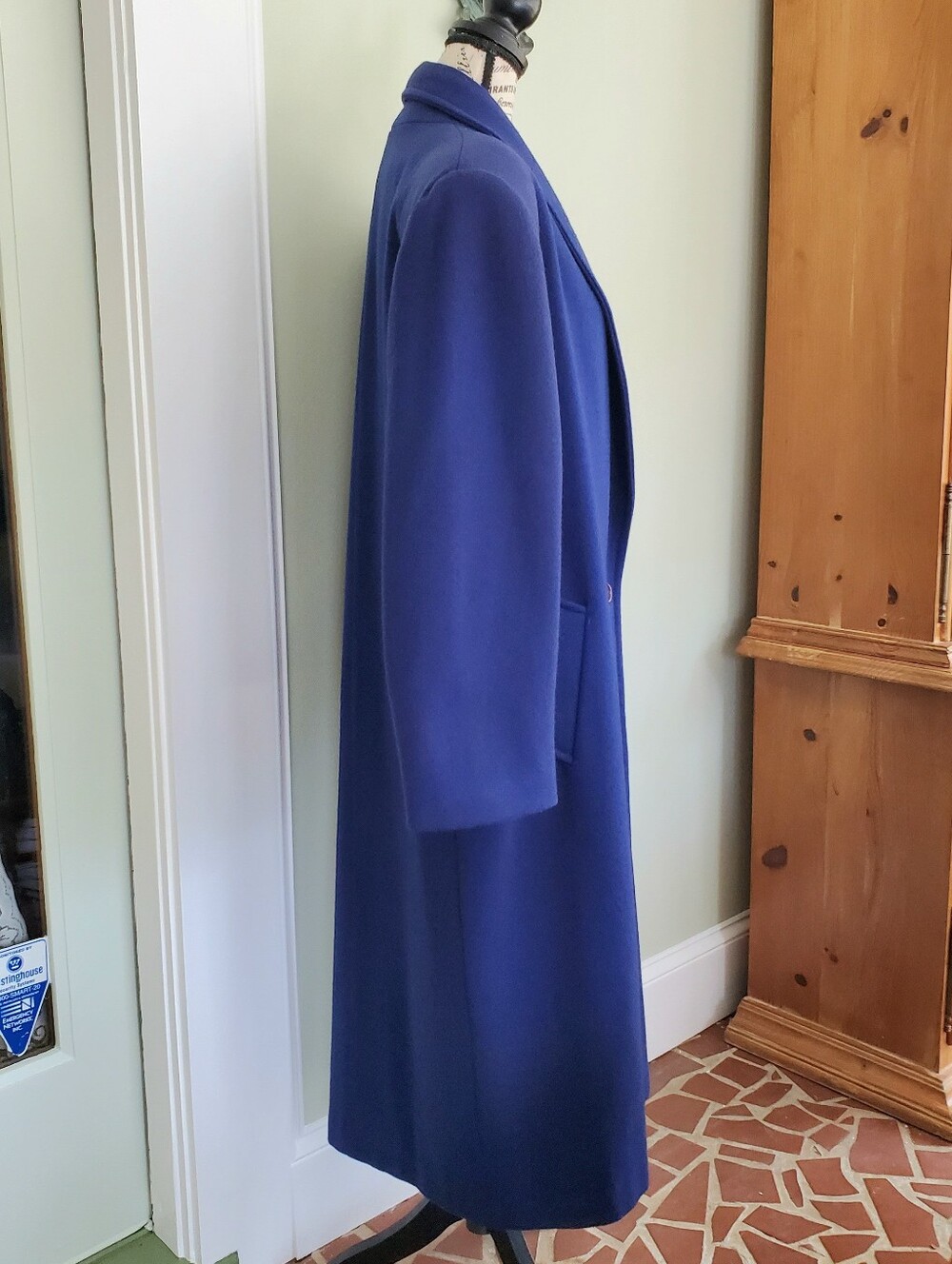 Vintage 80s Colbalt Blue 100% Wool Long Coat, Full Length Overcoat Made In USA - Picture 4 of 15